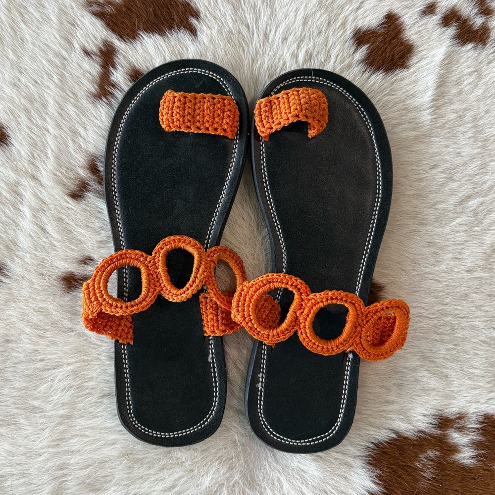 Handcrafted Orange Crochet Strap Black Sandal